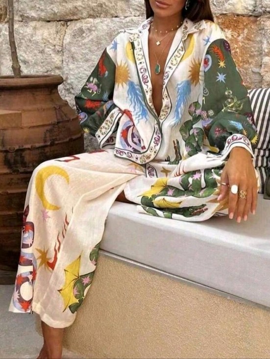 Pants - Women's All-Over Print Shirt And Pants Shirt And Elastic Waist Trousers Set